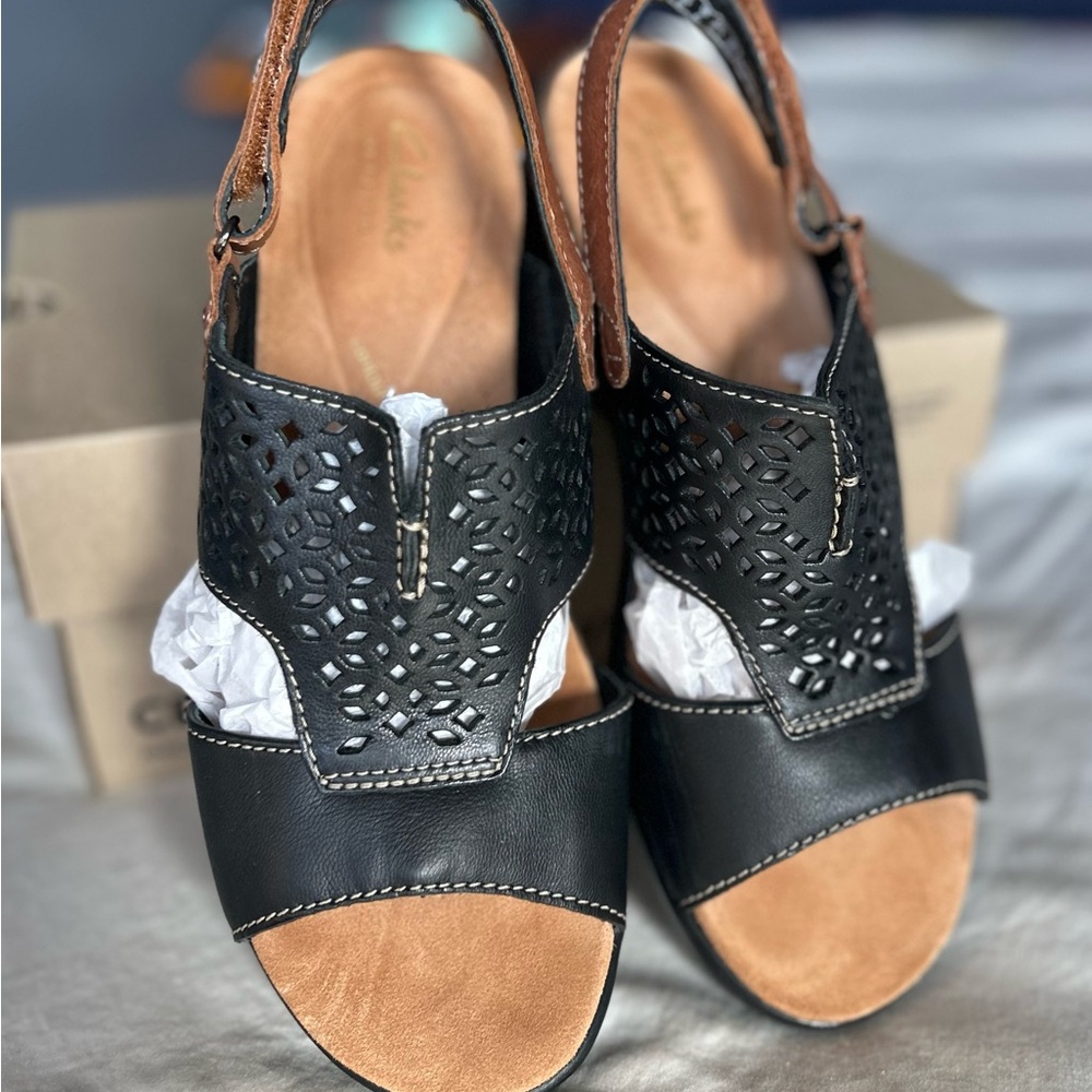 Clarks Black and Tan Sandals with Leather Upper and Slingback Strap
